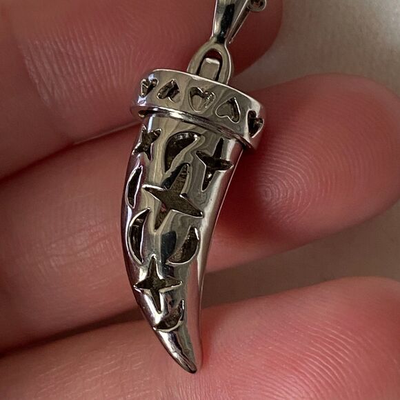 Stainless Steel Fang Necklace with Crystals, Tribal Gothic Silver Pendant - Picture 2 of 8
